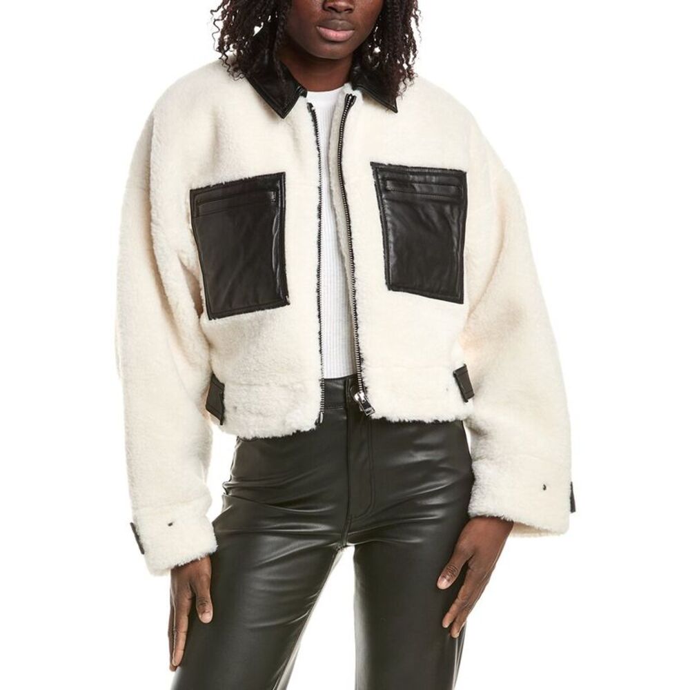 Lamarque Womens  Sherpa Leather-Trim Jacket, White